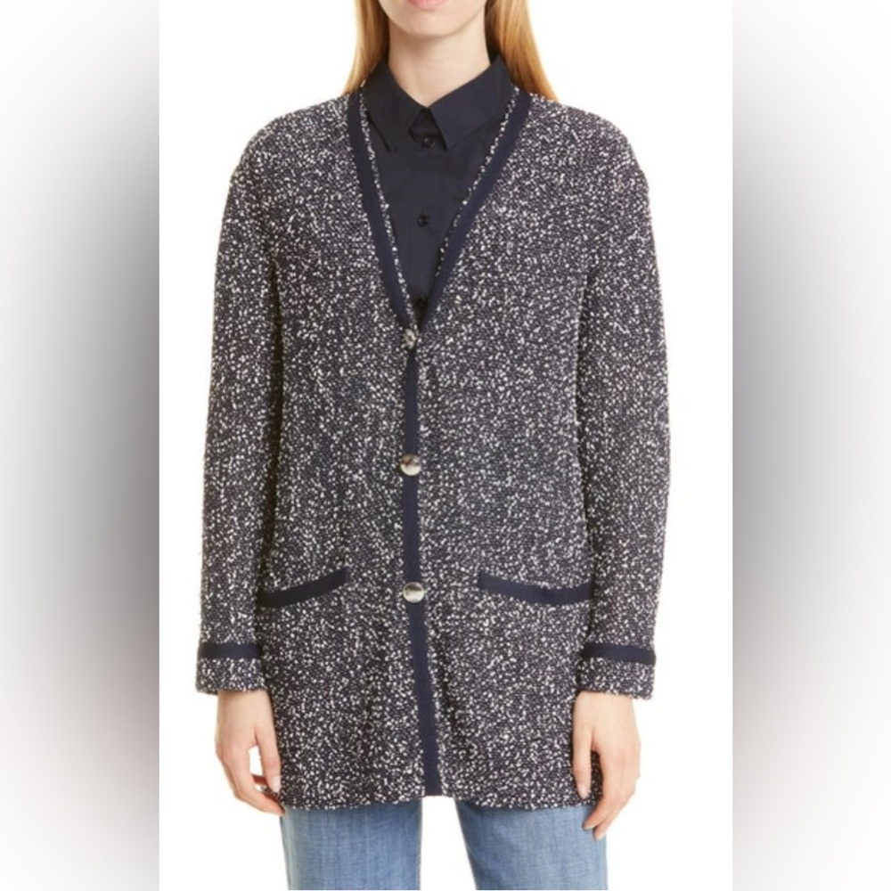 Boss Jienna Navy and White Speckled Textured Boucle Cardigan